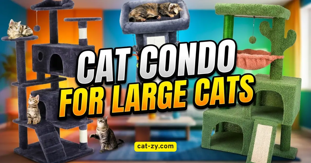 Professional YouTube thumbnail for cat condo for large cats guide by cat-zy featuring multi-level sturdy furniture.
