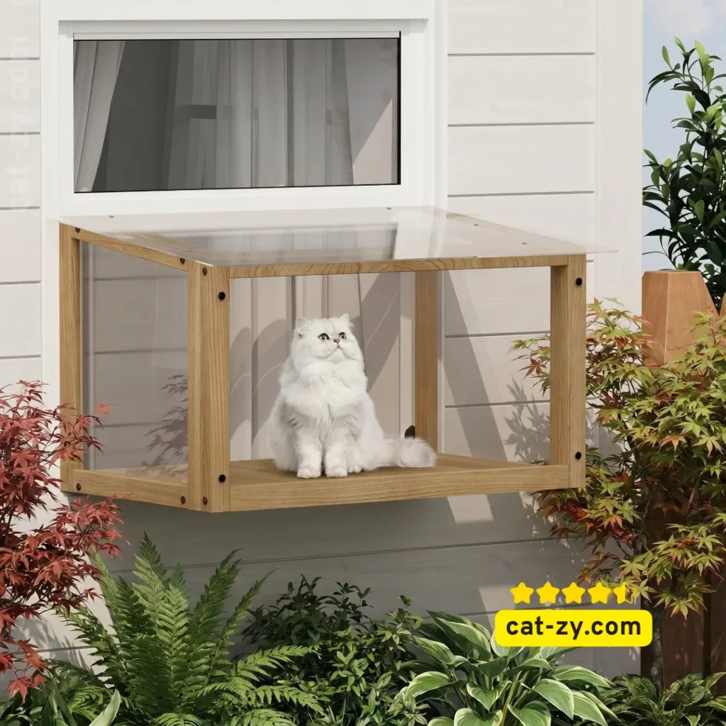 A fluffy white Persian cat sitting inside a wooden cat window box outdoor enclosure with clear panels, featured on cat-zy.