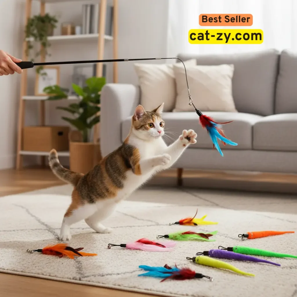 Indoor cat playing with feather wand toy, why does my cat bite me behavior – cat-zy