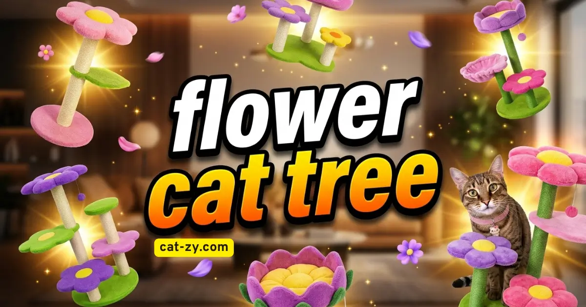 Colorful flower cat tree towers with floating petals and an excited brown tabby cat on cat-zy.