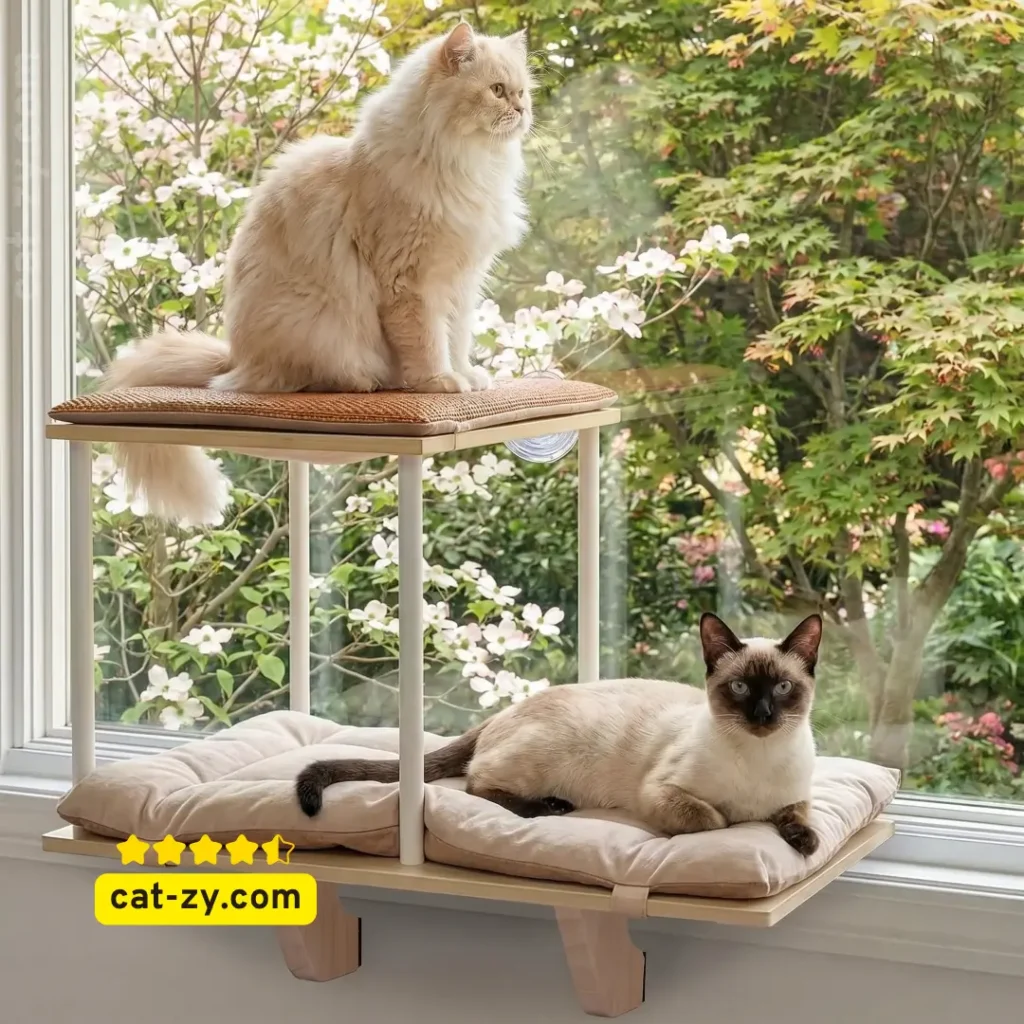 A long-haired cream Persian cat and a Siamese cat relaxing on a PETSFIT dual-level hammock, featured in a cat window box review on cat-zy.