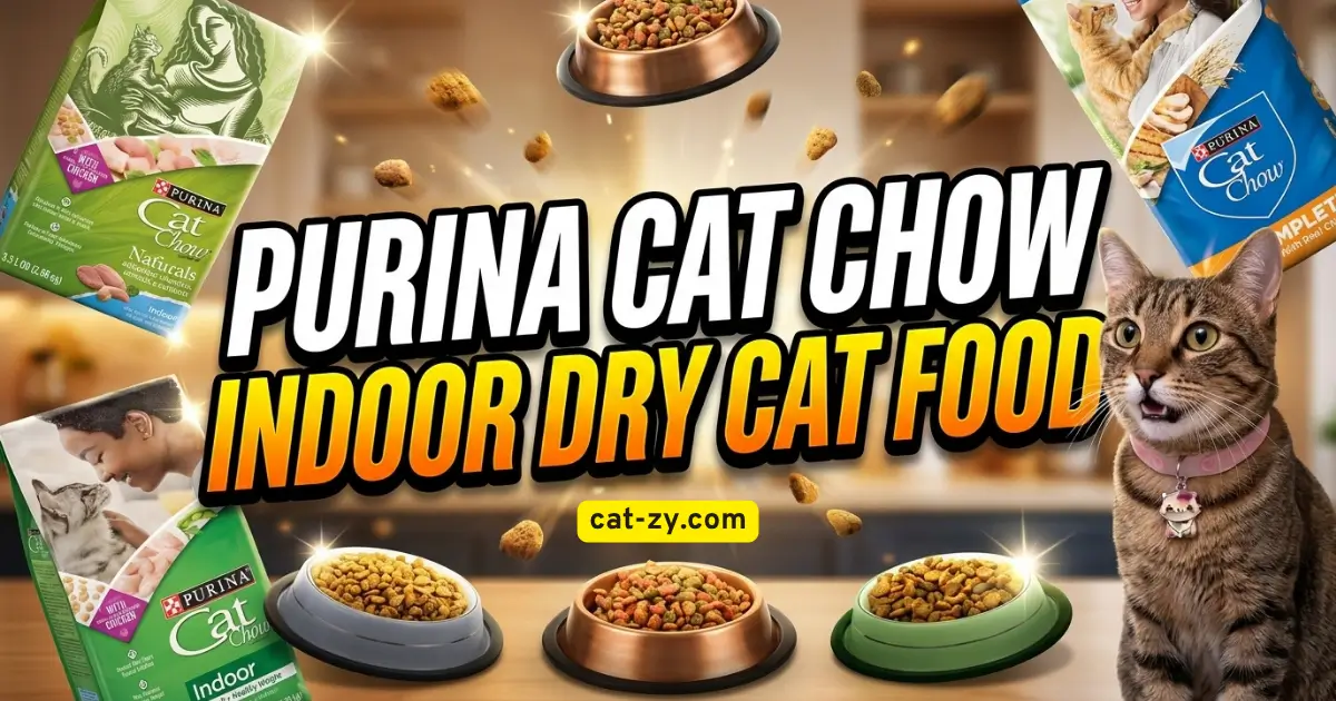 Purina cat chow indoor dry cat food bags with bowls and a brown tabby cat, reviewed on cat-zy.