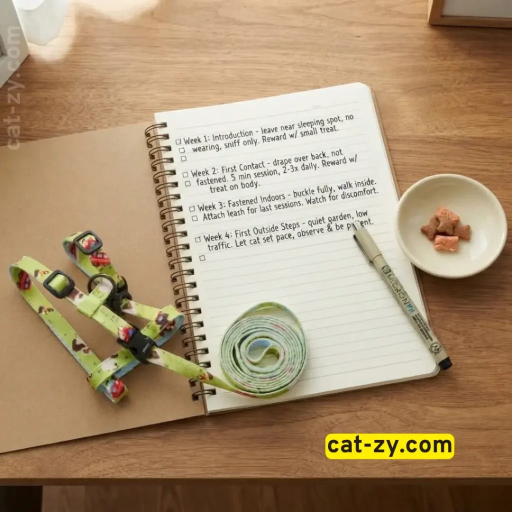 Tracking progress with a 4-week schedule for How to Harness Train a Cat by Cat-zy.