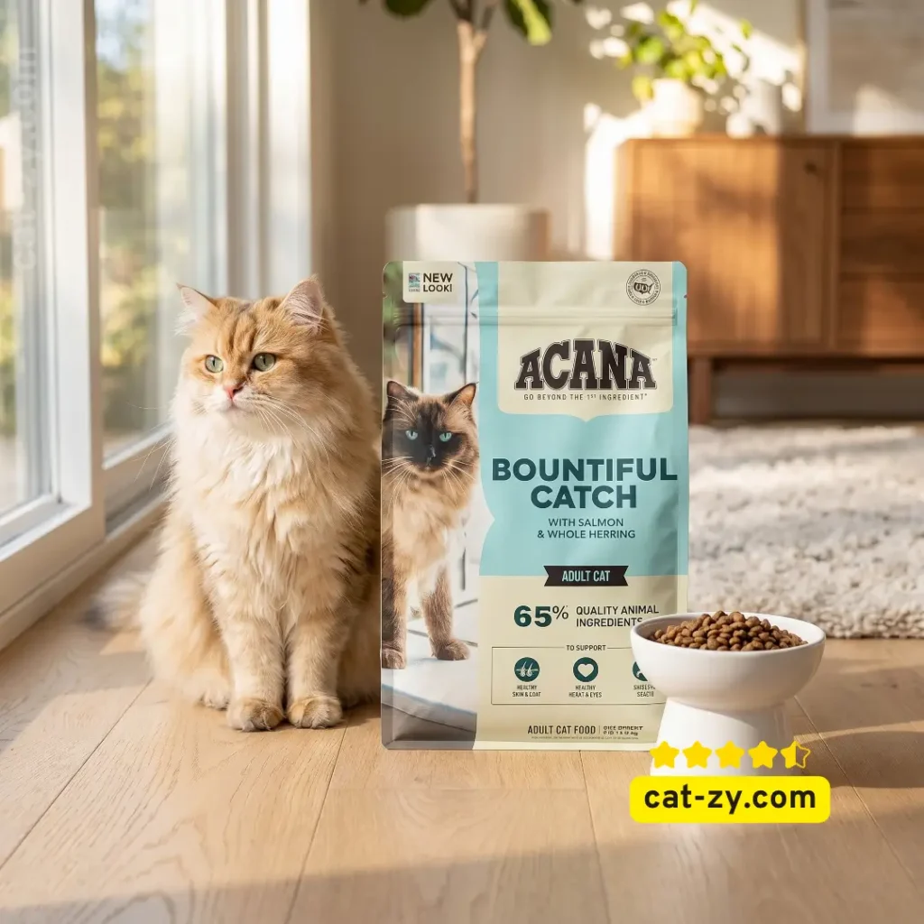 A bag of ACANA Bountiful Catch grain free cat food placed on a wooden floor next to a cat, featured in a nutritional guide on cat-zy.