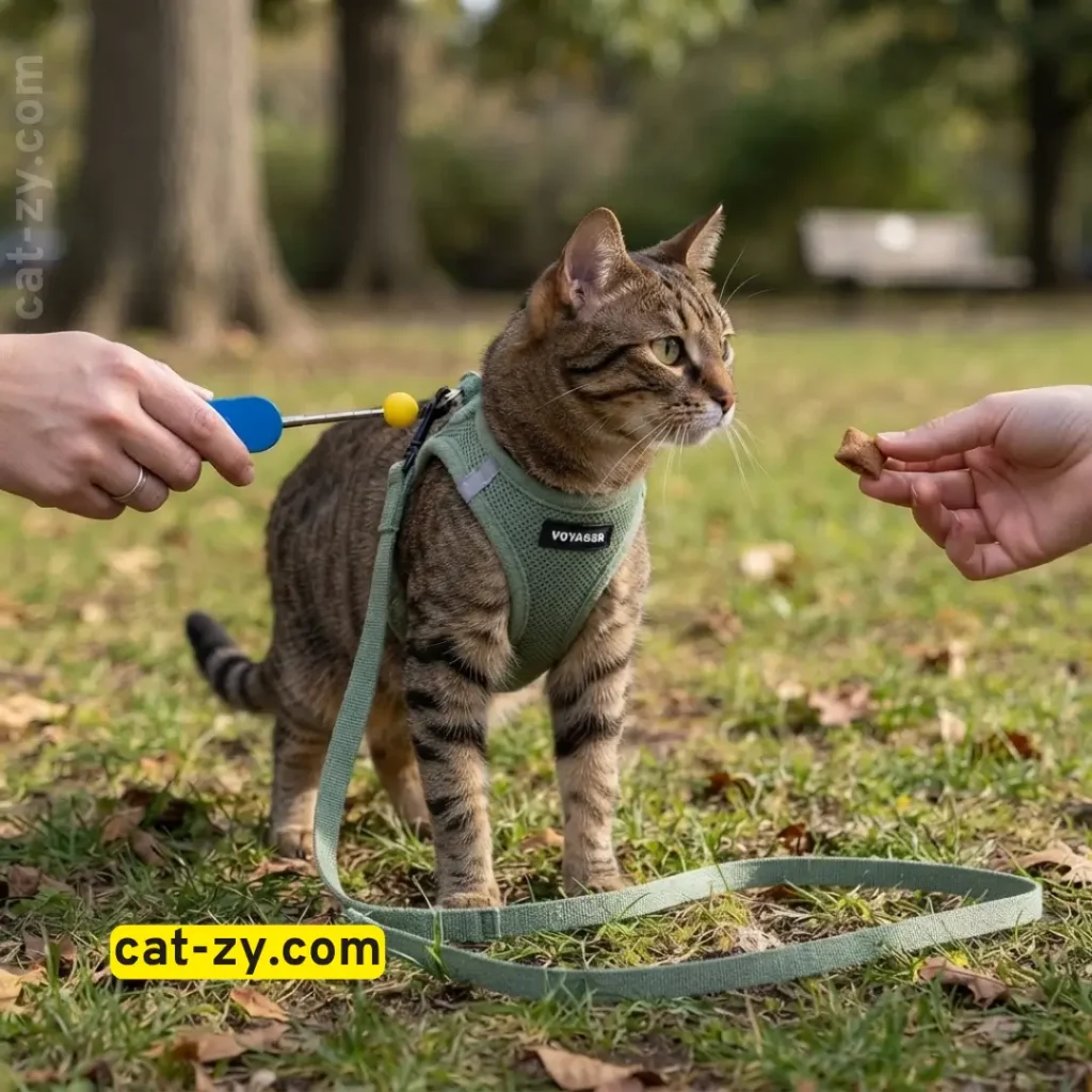 Advanced clicker and loose leash techniques for How to Harness Train a Cat by Cat-zy.