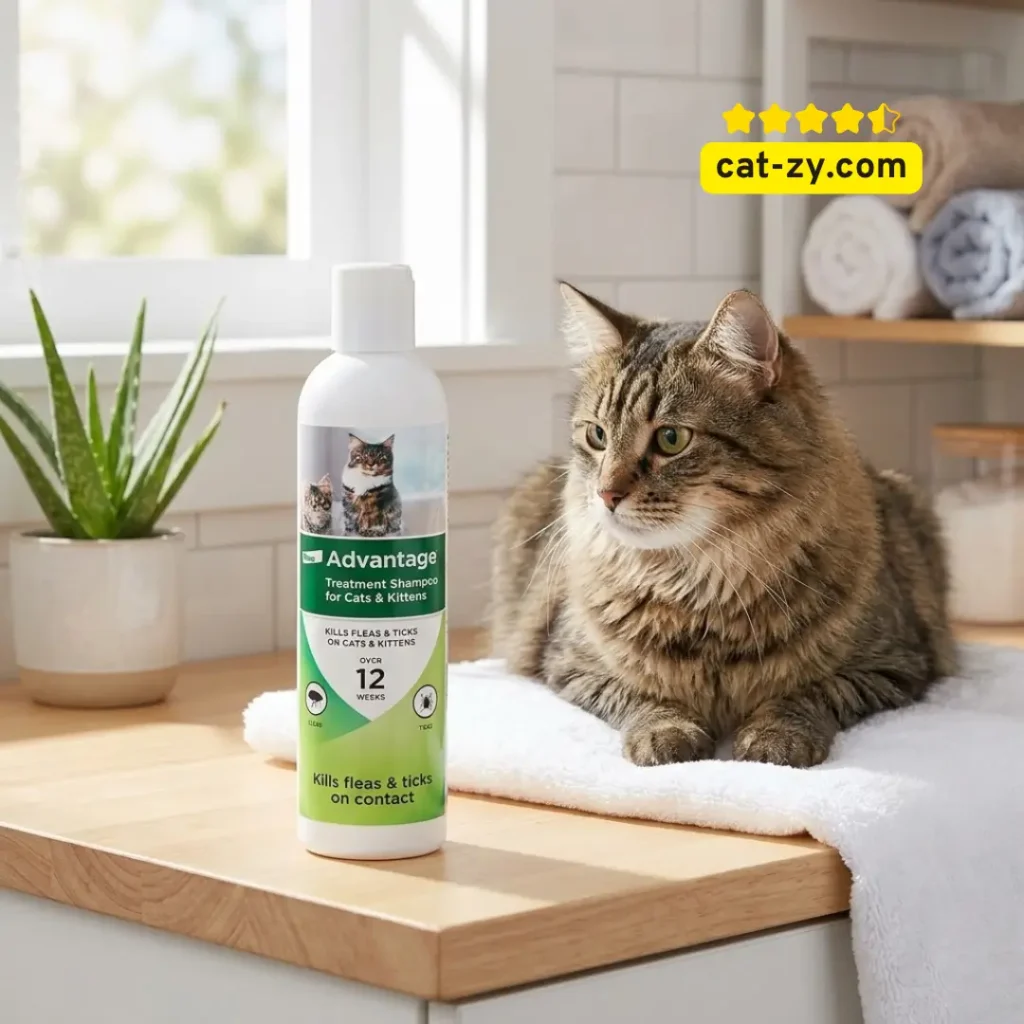 Advantage cat flea shampoo for cats next to a cute kitten, reviewed on the cat-zy website for pet owners.