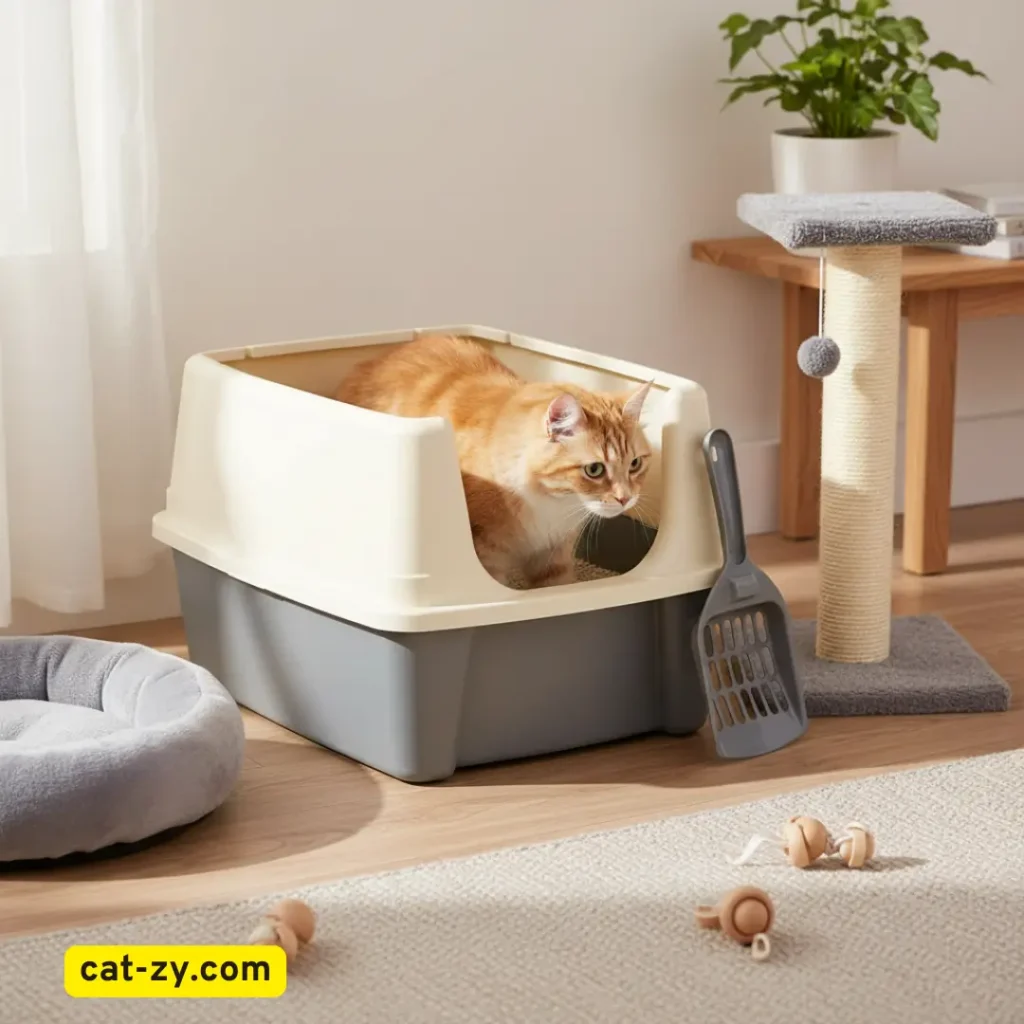 Amazon Basics Large Cat Litter Box with High Sides, open top, scoop, tabby cat-zy in cozy home setting