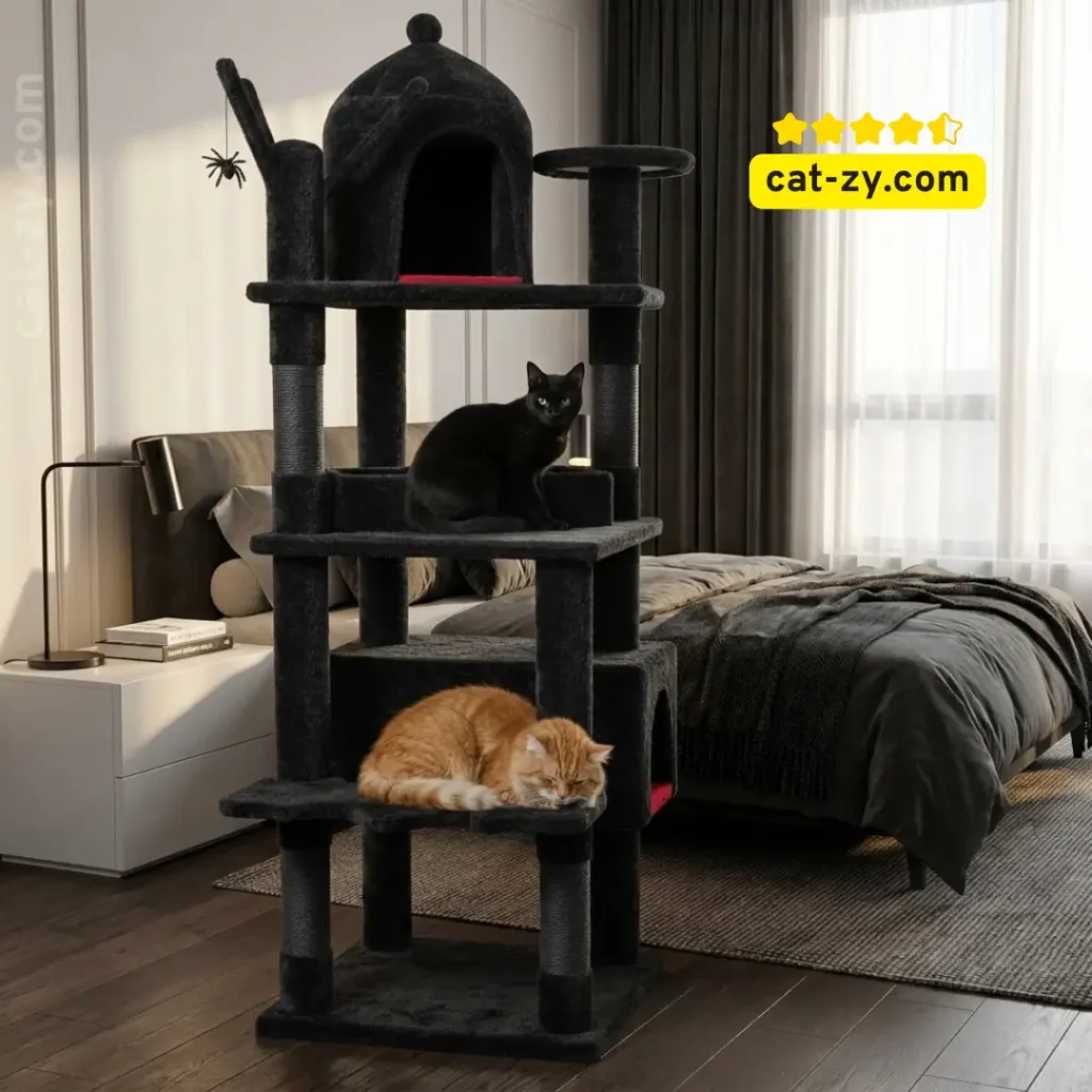 A majestic black cat and an orange tabby enjoying the multi-level Coffin Cat Tree in a modern bedroom, featured in a home decor guide on cat-zy.