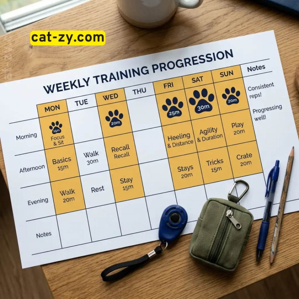 Cat clicker training weekly schedule and progress plan, cat-zy