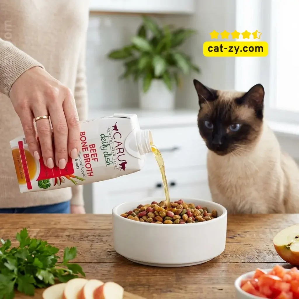A person’s hand pouring Caru Beef Bone Broth over kibble in a white bowl for a Siamese cat, illustrating a grain-free meal topper on cat-zy to answer do cats need grains.