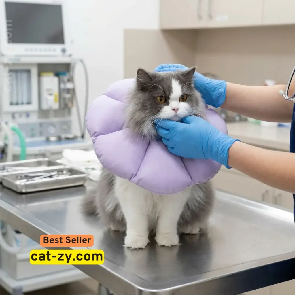 A male cat at a veterinary clinic wearing a purple flower recovery collar to manage male cat behavior after neutering on cat-zy.