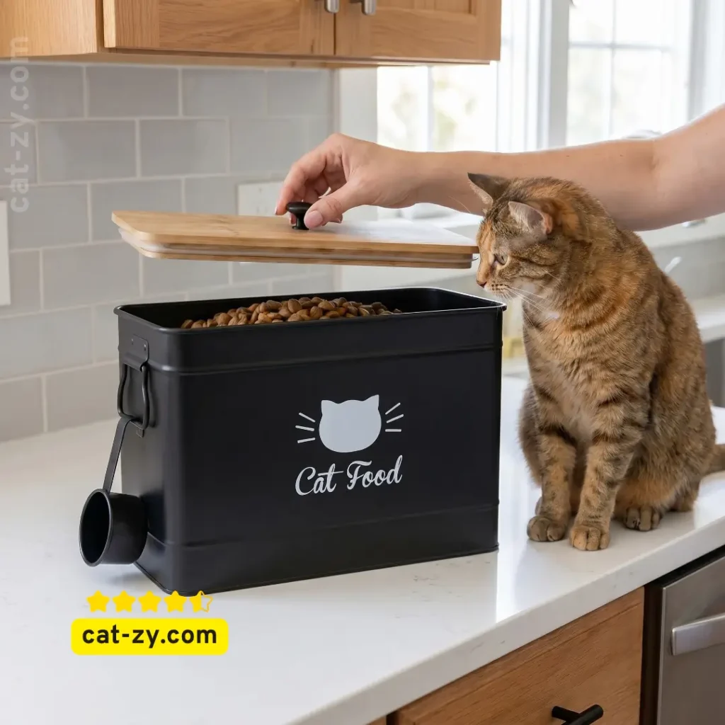Metal Cat Food Storage Container with airtight bamboo lid storing Friskies Dry Cat Food on a countertop next to a cat, featured on the cat-zy article website.