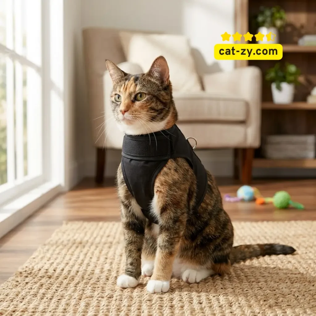 A comfortable black cat harness being worn by a cat during a training session, demonstrating how to harness train a cat safely for the readers of cat-zy.