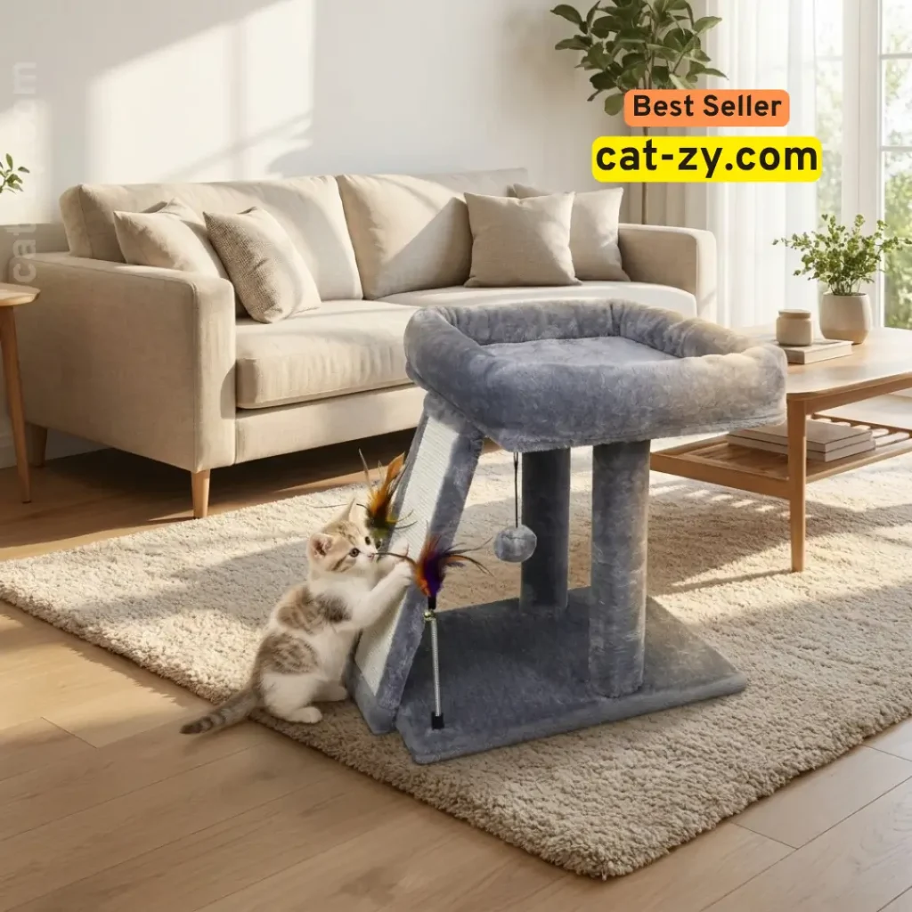 A grey cat tree tower used to provide a restful space for observing male cat behavior after neutering on cat-zy.