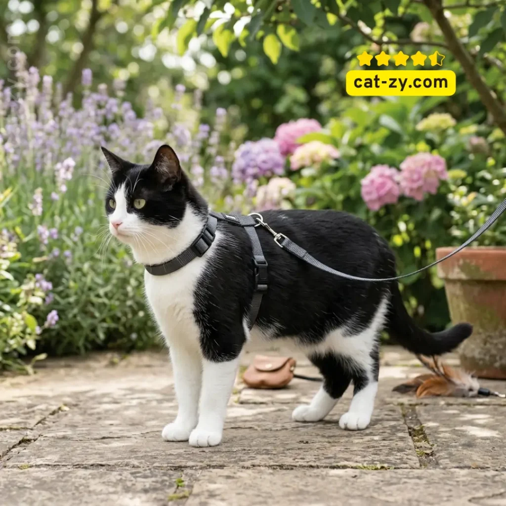 A cat wearing a Catit nylon adjustable harness and leash during a training exercise, provided as a helpful tip for how to harness train a cat on cat-zy.