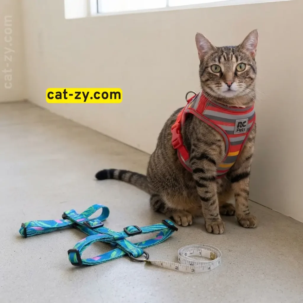 Real brown tabby cat wearing a vest harness from Cat-zy next to an H-style harness and measuring tape for How to Harness Train a Cat.