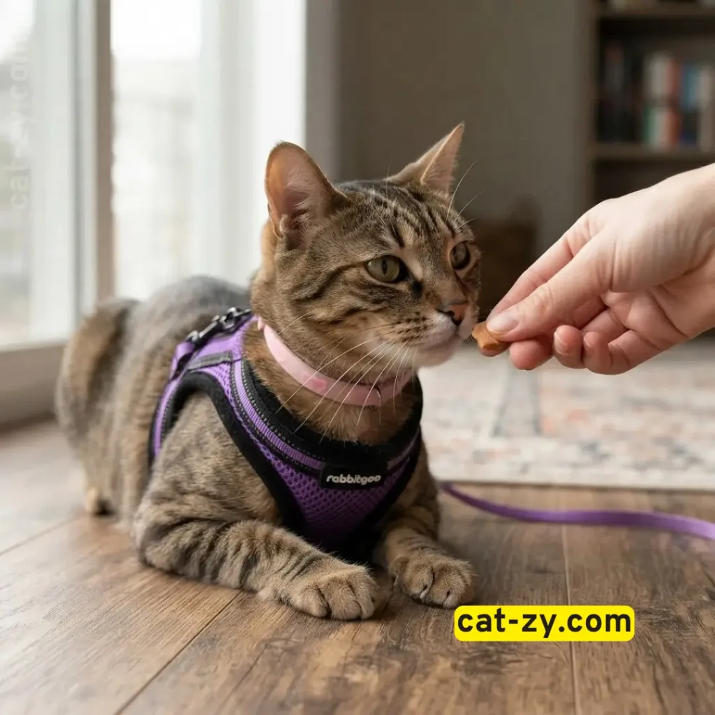 A relaxed brown tabby cat wearing a harness receiving a reward treat on a wooden floor, demonstrating how to harness train a cat with positive reinforcement by Cat-zy.