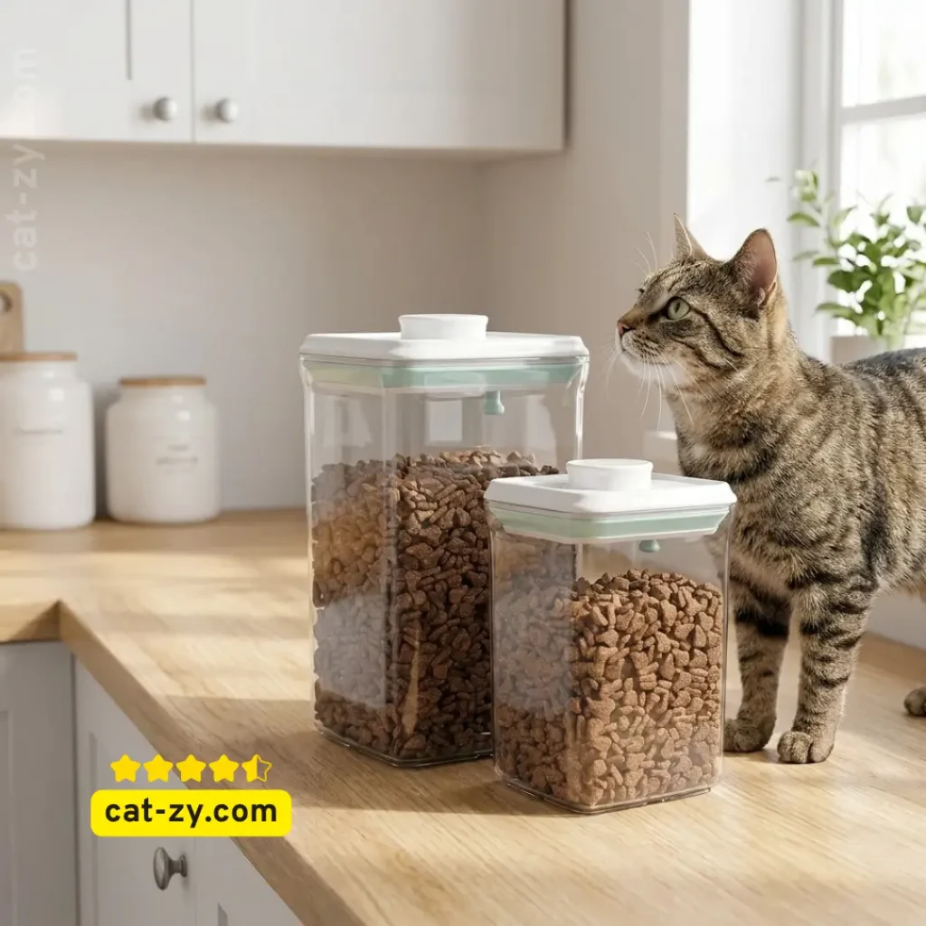 Dog-Cat POP Treat Airtight jar Container filled with Friskies Dry Cat Food on a kitchen counter next to a cat, featured on the cat-zy article website.