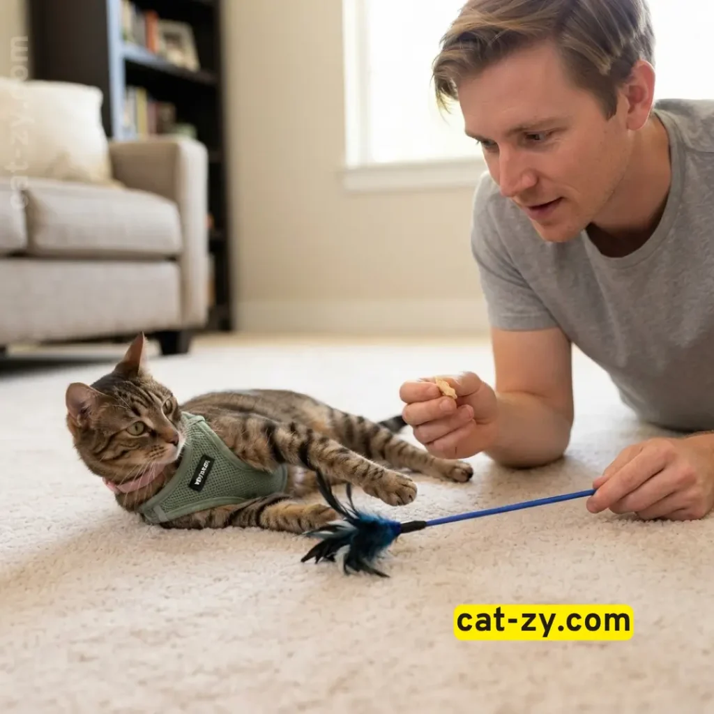 Encouraging a cat wearing a harness with treats and a feather wand toy by Cat-zy.
