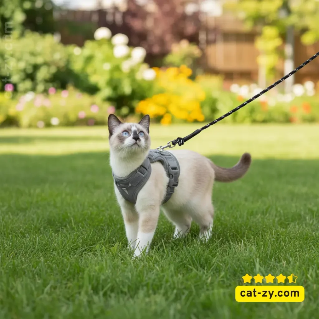 Learning how to leash train a cat using this cat-zy extra long lightweight lead in a garden.