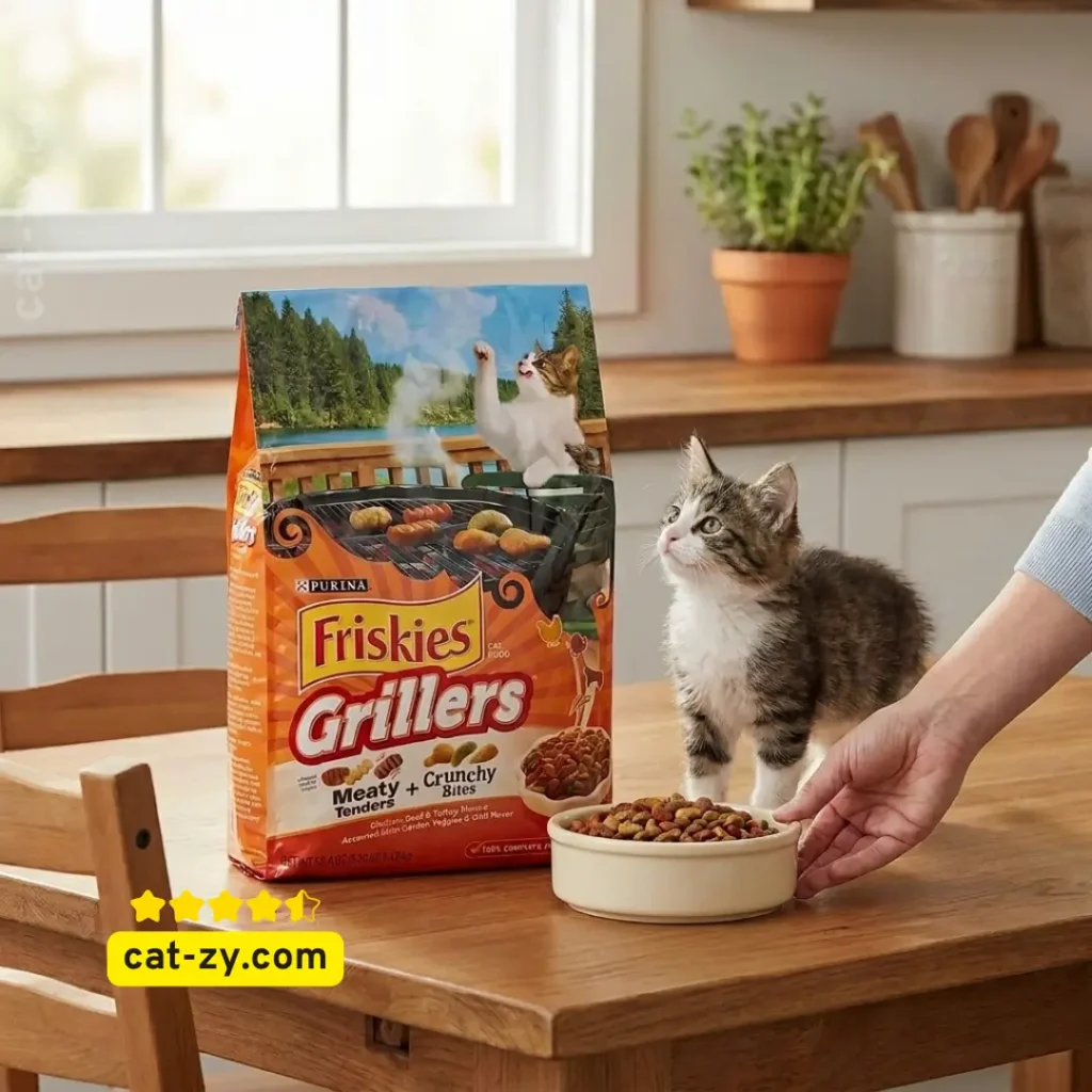 Friskies Purina Griller's Blend 3.15 lb bag next to an eager cat and a feeding bowl on a kitchen counter, featured on the cat-zy article platform."