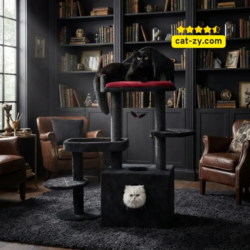 A luxurious black and red Coffin Cat Tree featured on cat-zy, showing a black cat relaxing on the gothic-style multi-level tower.
