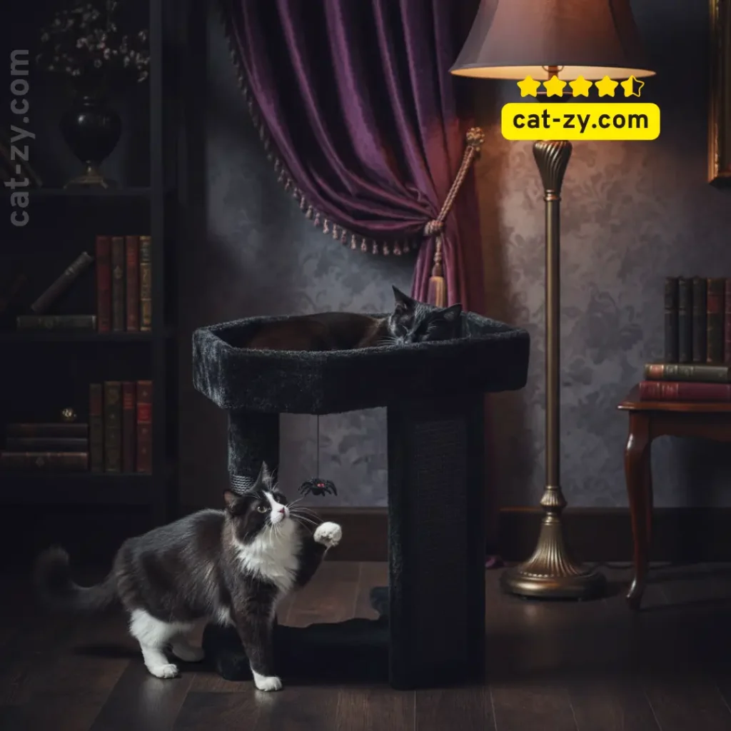 A sleek black cat resting in a Coffin Cat Tree with a red velvet interior, showcased in a gothic home decor article on cat-zy.