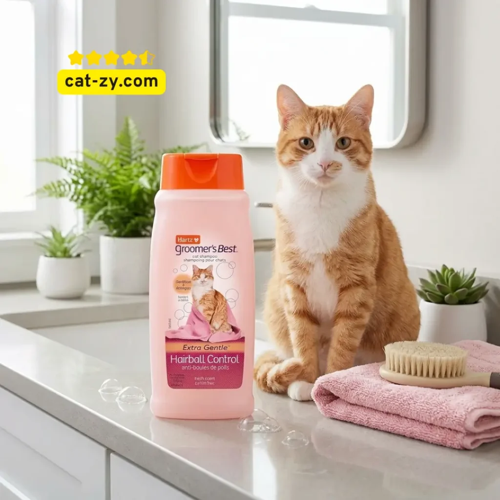 Hartz Groomer's Best cat shampoo near a cat, analyzed for grooming tips on the cat-zy website, related to flea shampoo for cats.