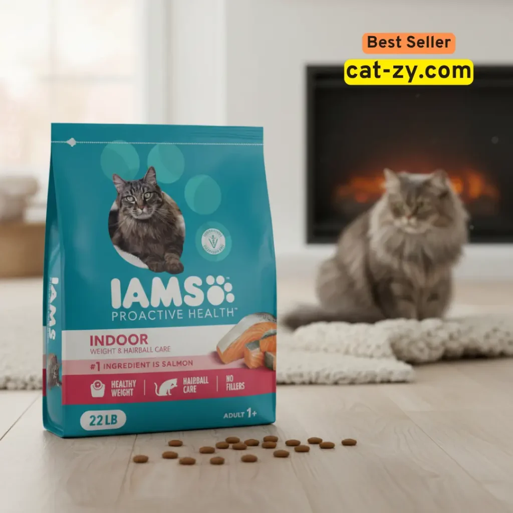 A detailed studio image showing a gray cat breed sitting alongside a large teal 22 lb. bag of IAMS Proactive Health Indoor Weight and Hairball Care cat food with a fresh salmon recipe, a cat-zy meal choice for healthy living.