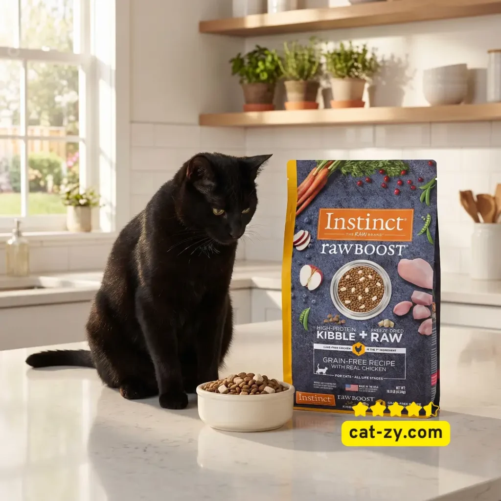 A bag of Instinct Raw Boost grain free cat food displayed next to a cat, featured in an informative article on cat-zy about feline nutrition.