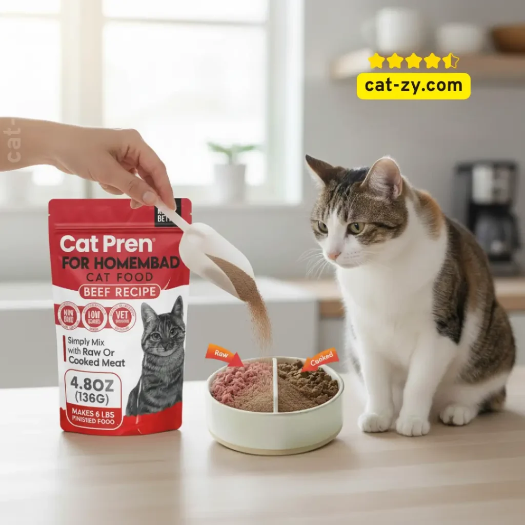 cat-zy guide showing the smaller bowl of Know Better Beef Recipe Premix with 'Raw' and 'Cooked' arrows to explain why do cats need grains—or rather, why they thrive on grain-free homemade diets.