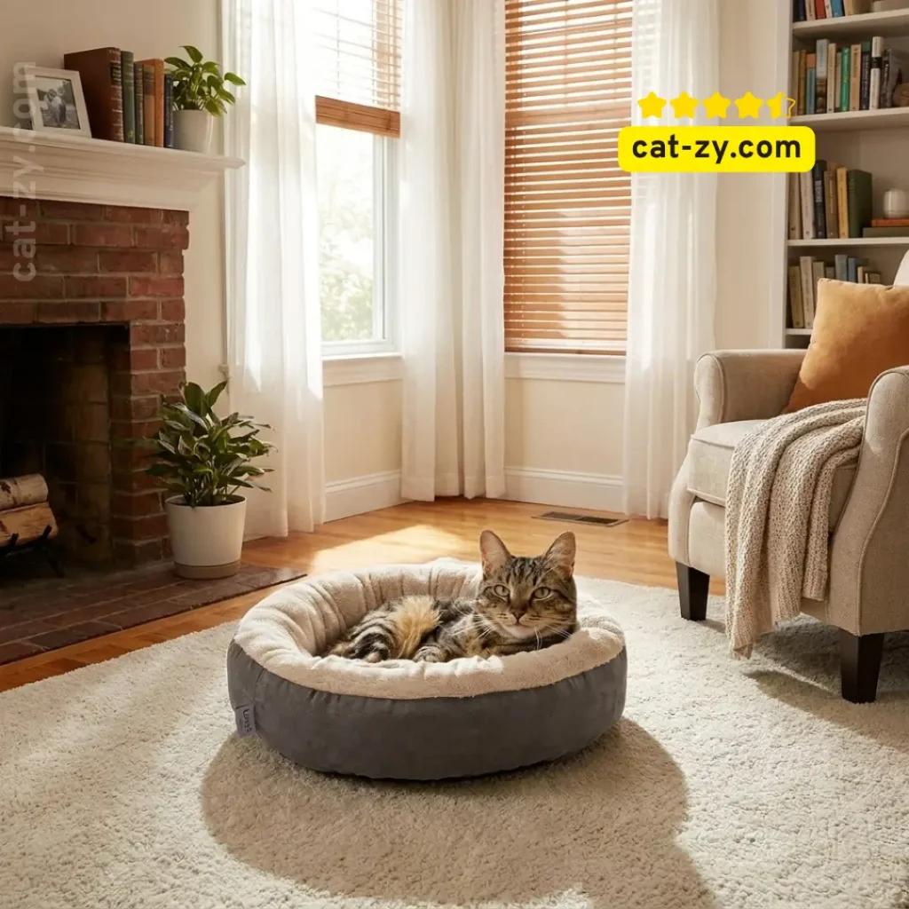 A cozy tabby cat resting in a Love's cabin Round Donut Bed, a perfect setup for those exploring Free Cat Adoption Boston, featured on cat-zy.