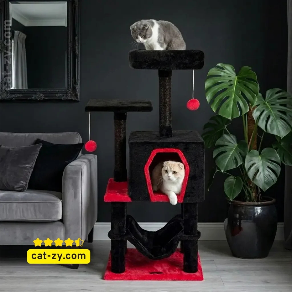 A majestic white cat resting inside the Coffin Cat Tree featured on cat-zy, showcasing its unique red and black Gothic design and comfortable cat tower levels.