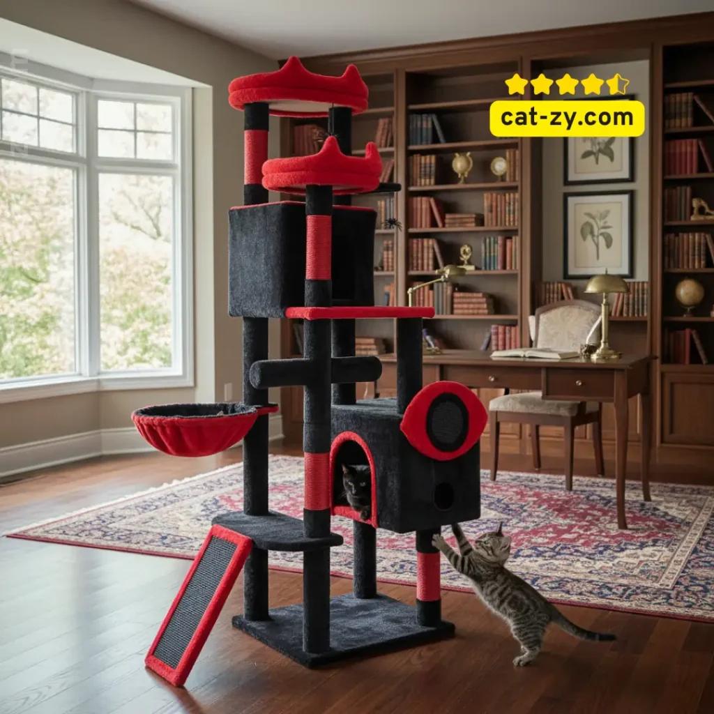 A multi-level Coffin Cat Tree with red and black velvet finishes featured on cat-zy, showing happy cats playing on the gothic-inspired tower.
