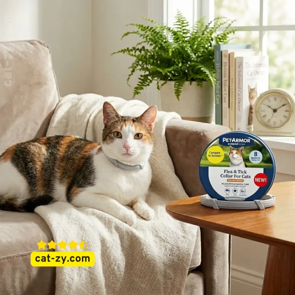 A healthy cat wearing the PetArmor Extend collar for flea prevention as discussed in the cat-zy article, providing an alternative to traditional flea shampoo for cats.