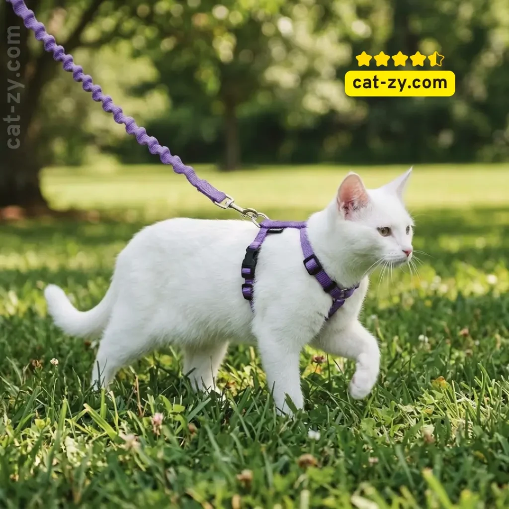 A white cat wearing the PetSafe Come with Me Kitty harness and bungee leash during a training session for cat-zy readers learning how to harness train a cat.