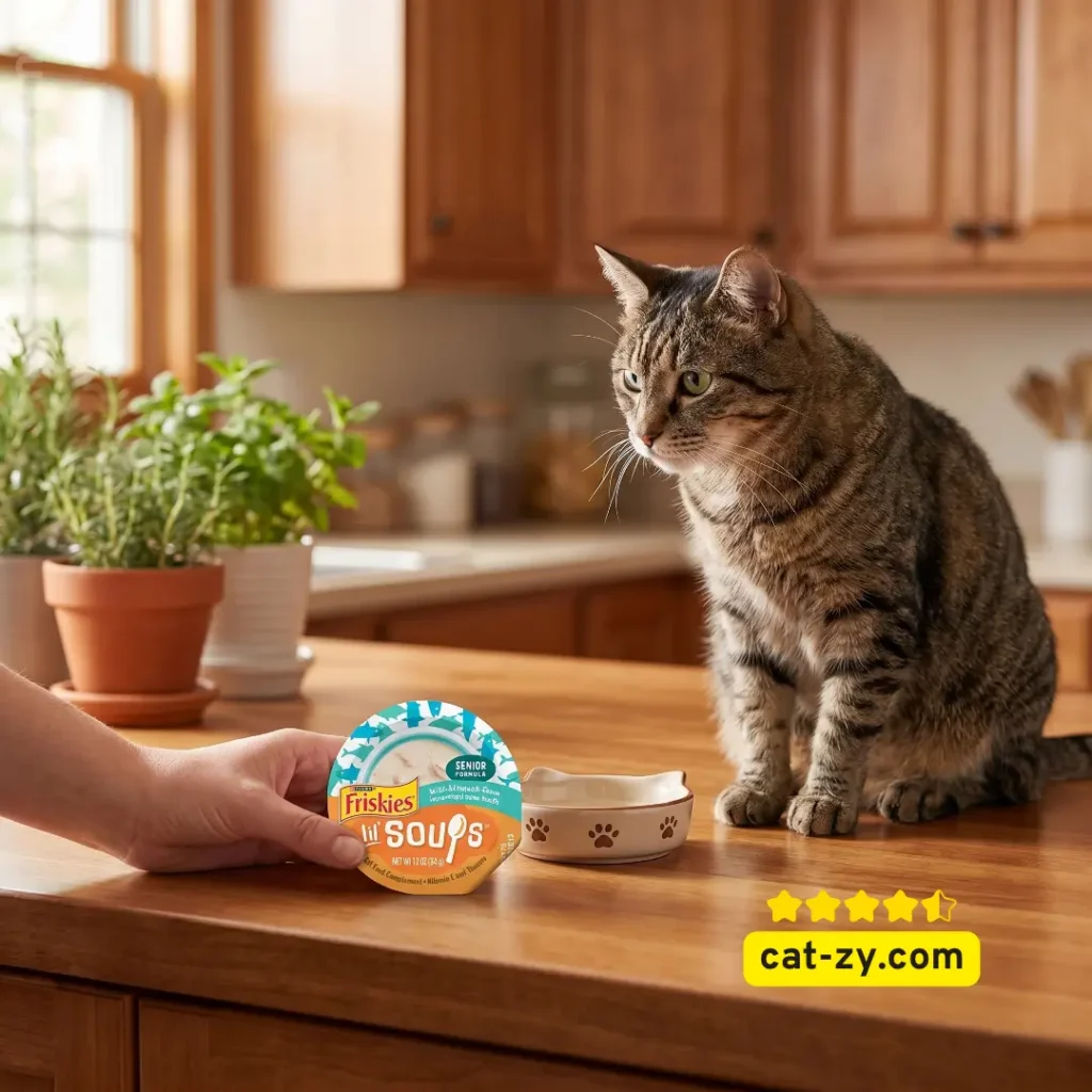 Purina Friskies Grain Free Senior Lil Soups Lickable Topper next to a cat on a kitchen counter, discussed alongside Friskies Dry Cat Food on the cat-zy article website.