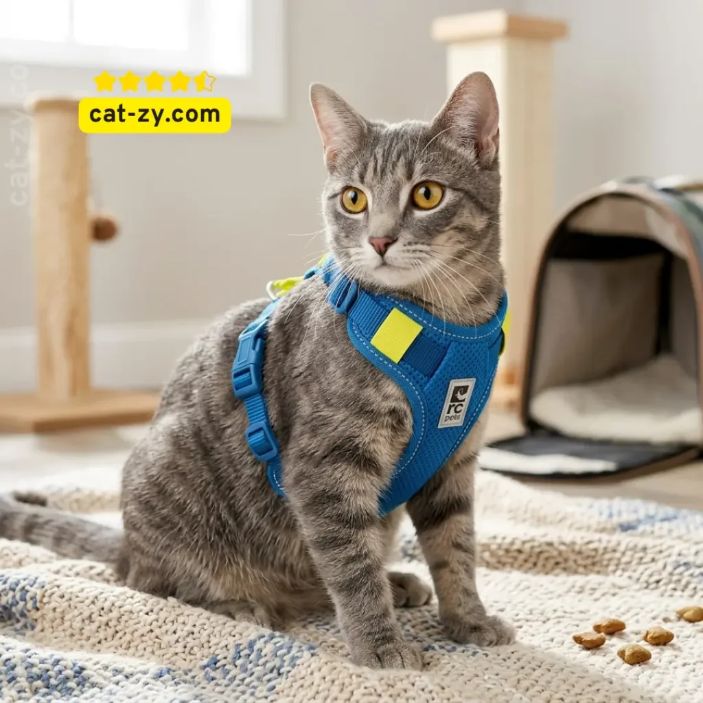 A cat wearing the RC Pets Moto Control pet harness during a training session, showcasing tips on how to harness train a cat for our readers at cat-zy.
