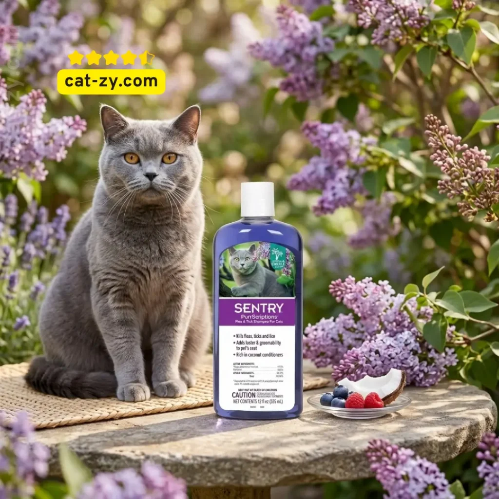 SENTRY PurrScriptions flea shampoo for cats displayed in a clean environment, as discussed in the educational grooming guides on cat-zy.