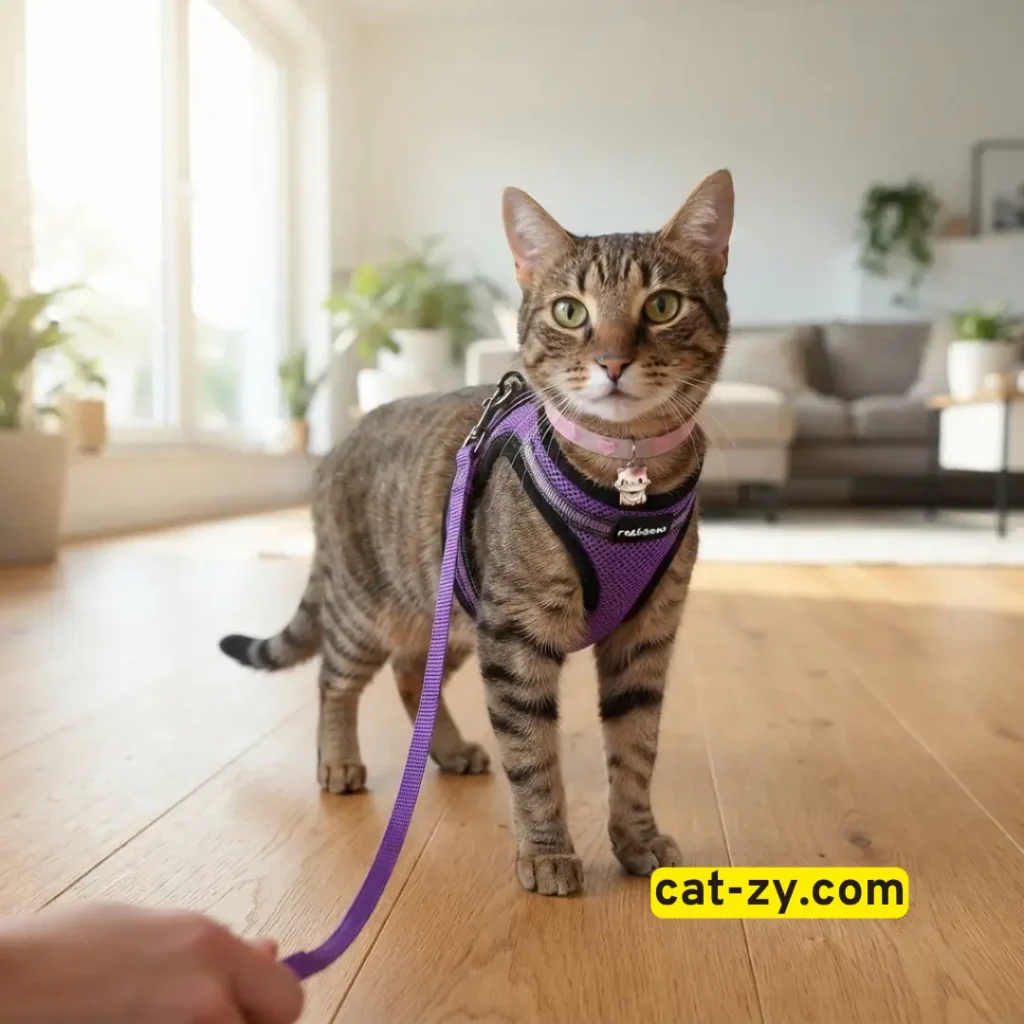 A brown tabby cat comfortably walking indoors wearing a harness during a step-by-step training session on how to harness train a cat by Cat-zy.
