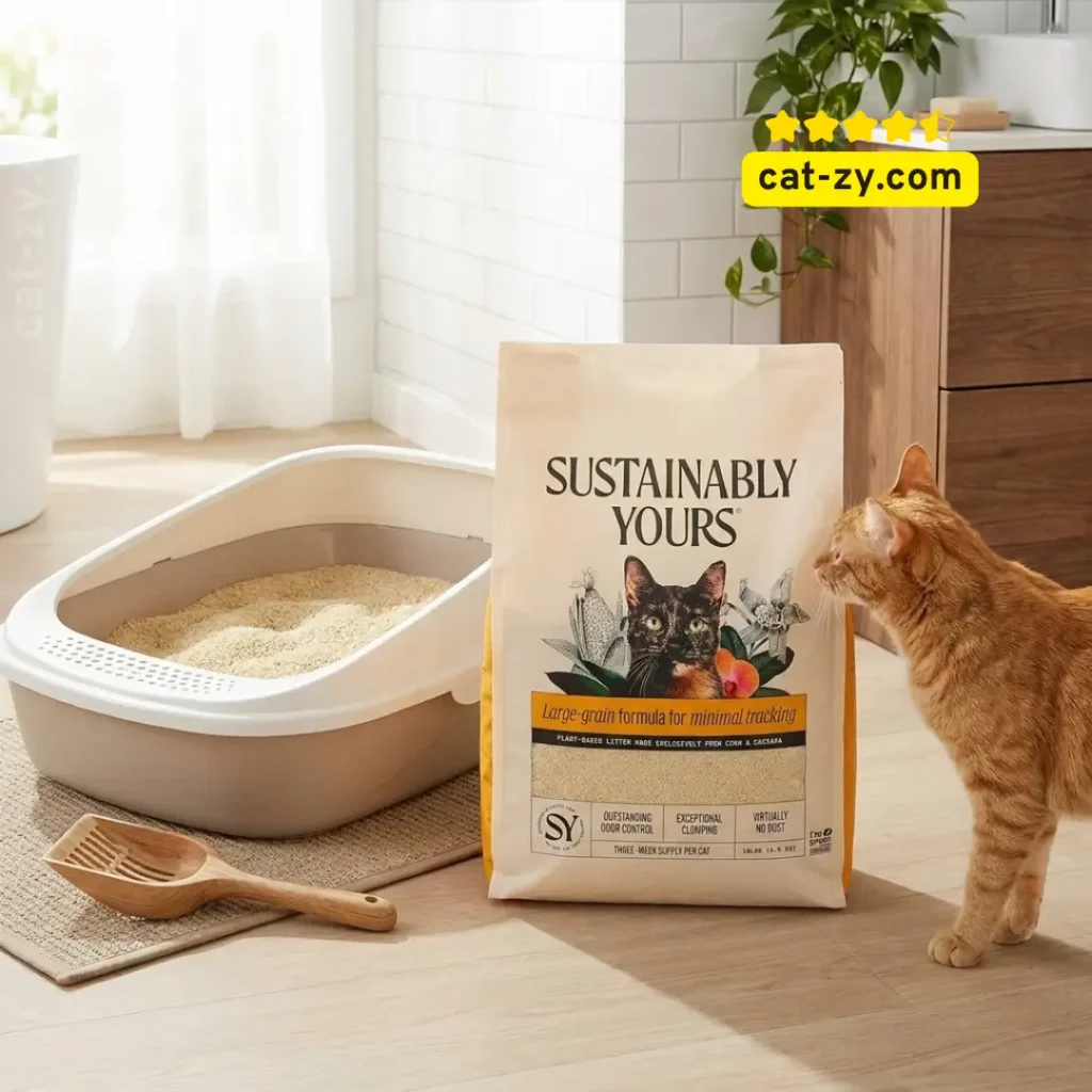Sustainably Yours large-grain corn and cassava cat litter for low tracking on cat-zy