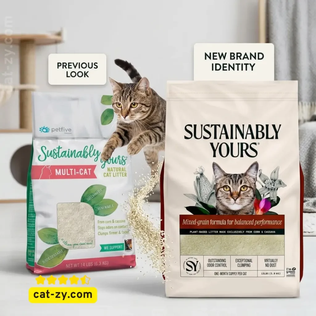 A side by side comparison of the previous design and the new look for Sustainably Yours natural cat litter, featured in a brand evolution article on cat-zy