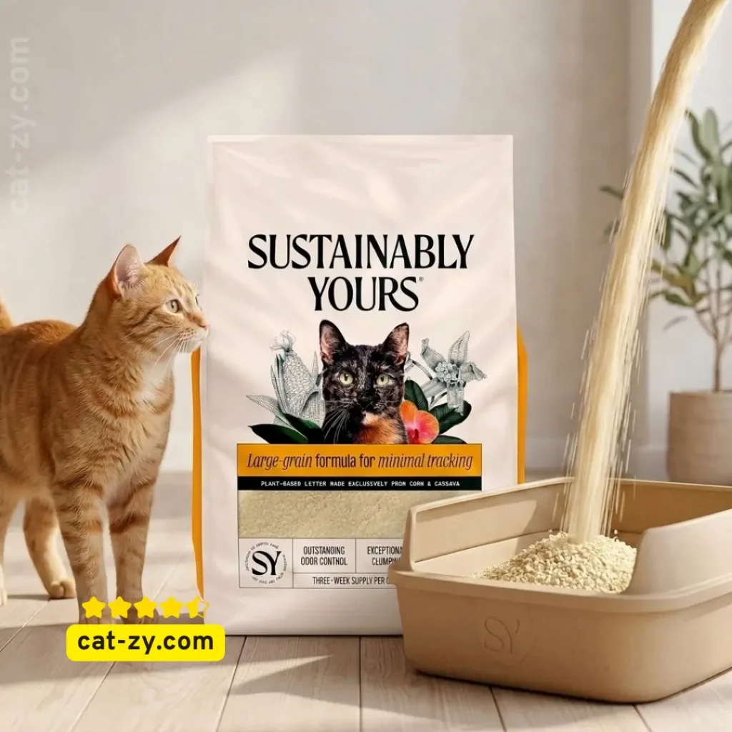 The 10 lbs bag of Sustainably Yours natural cat litter large grain formula presented in a detailed product overview by cat-zy
