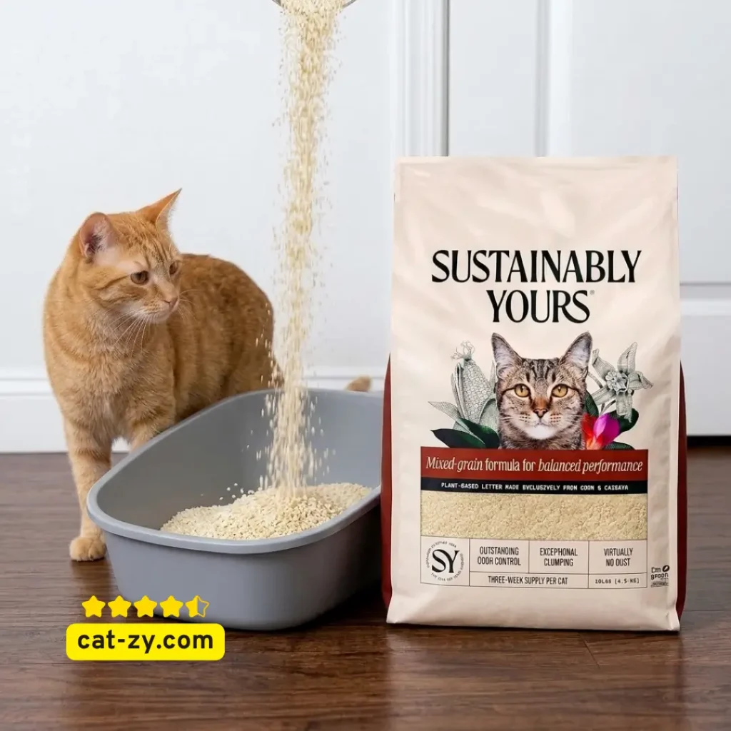 The 10 lbs bag of Sustainably Yours natural cat litter large grain formula reviewed alongside human and pet size comparisons on cat-zy