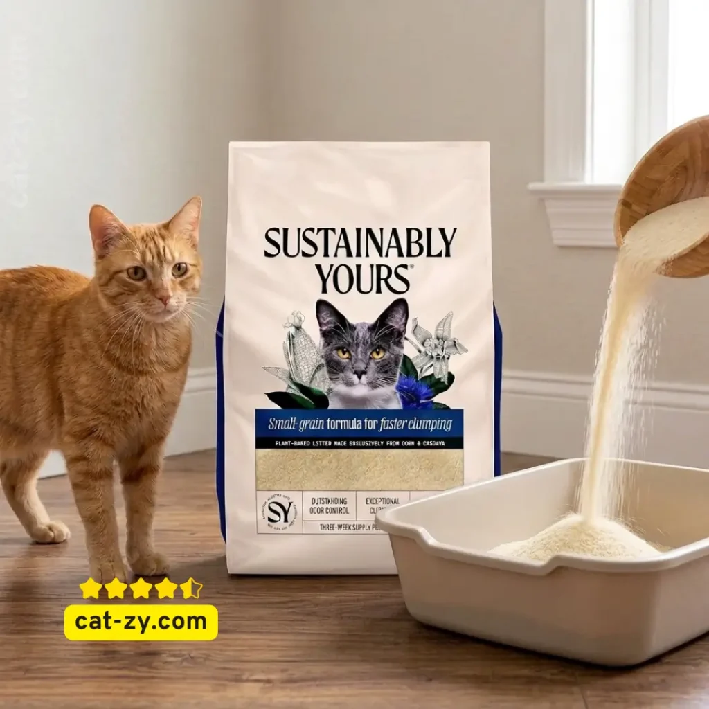 A bag of Sustainably Yours natural cat litter displayed alongside a cat to show its size, highlighted in an informative review by cat-zy