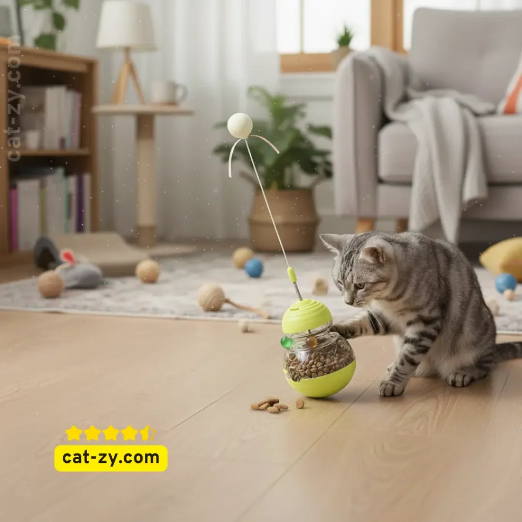 An image of the compact TLKNG Cat Toy wobble treat dispenser and puzzle feeder ball, featuring a gray cat breed interacting with the device on a polished wooden floor. This cat-zy toy provides essential mental stimulation and engagement for indoor pets.