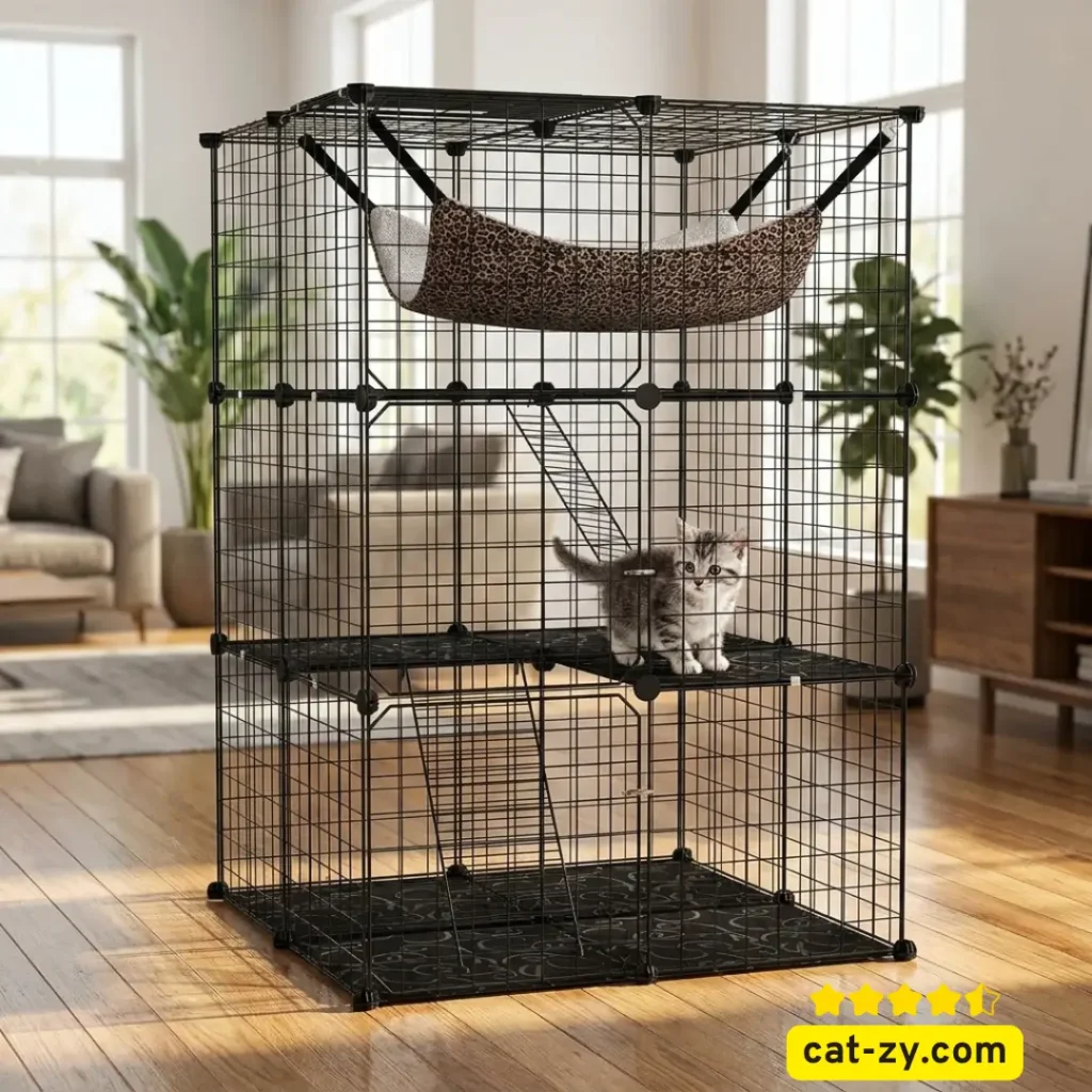 A 3-tier Tangkula indoor cat cage used to answer the question can you crate train a cat on cat-zy.