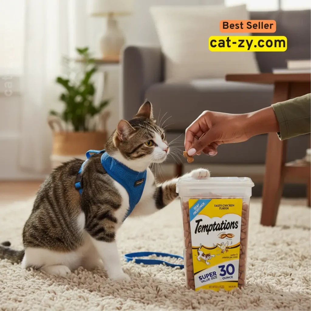 A cat in a harness getting a cat-zy treat reward during a 'how to leash train a cat' session.