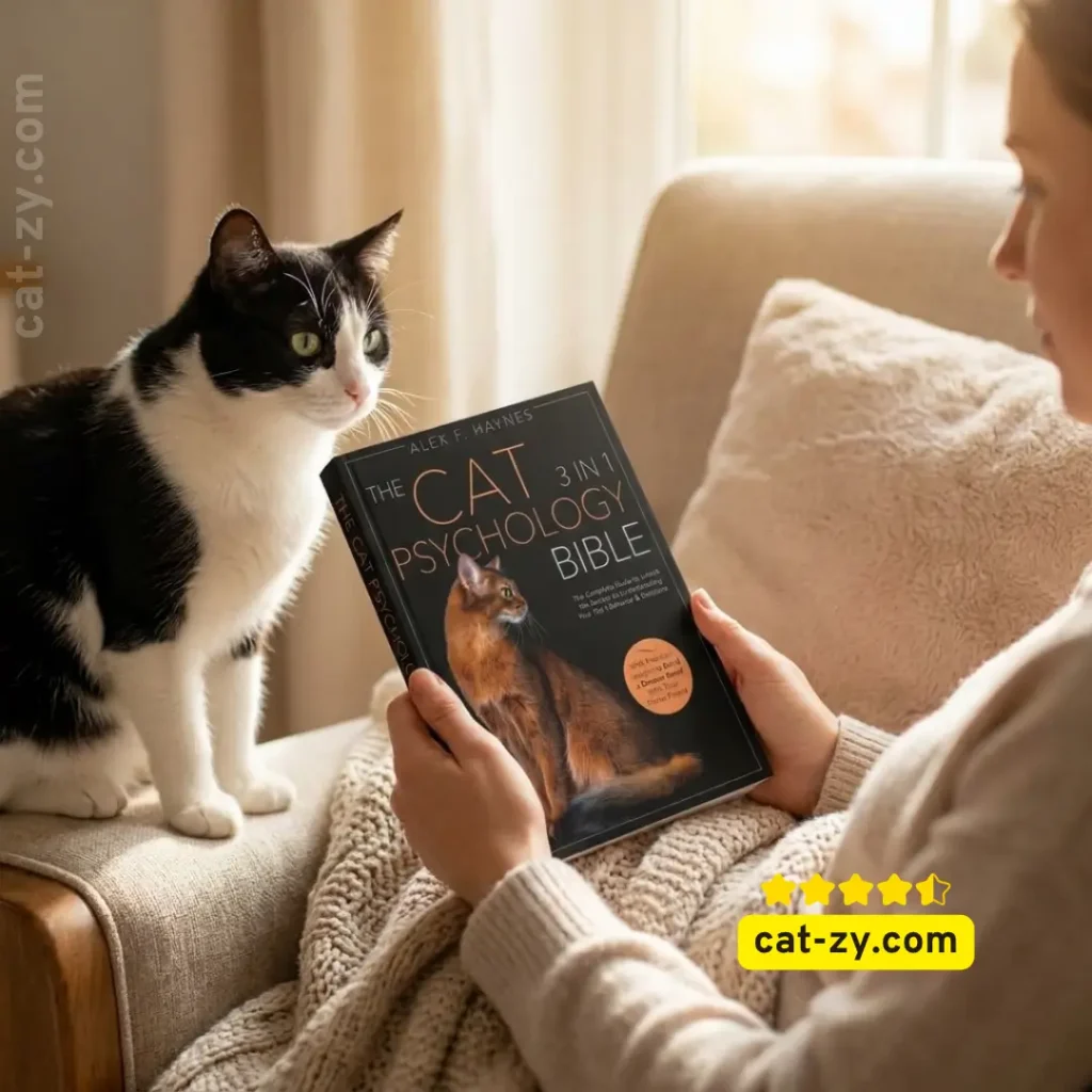 A person reading a standard-sized edition of The Cat Psychology Bible next to a bicolor feline, showcasing Cat Types by Color on cat-zy.