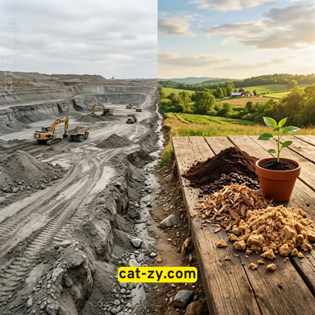 Clay mining versus plant based alternatives in sustainably yours litter, cat-zy